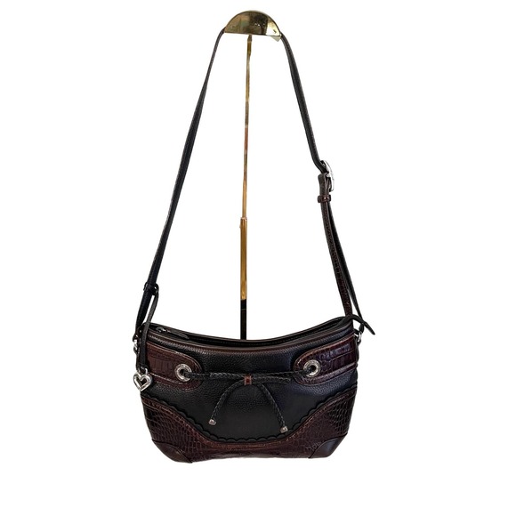 Brighton Handbags - VTG Brighton Black Brown Embossed Crocodile Leather Zip Bow Tie Shoulder Handbag